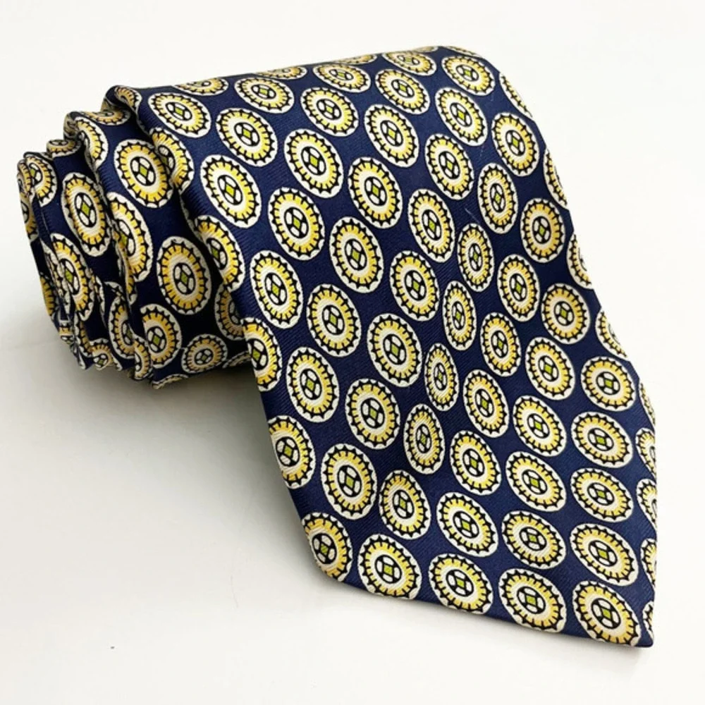 J.CREW Blue Gold Silk‎ Men's Neck Tie Geometric Pattern MADE IN USA